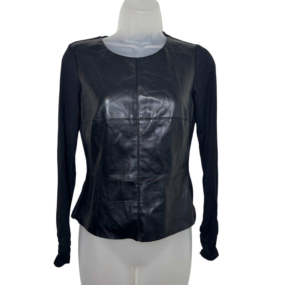 Tart Black Leather Front Panel Long Sleeve Knit Ponte Pullover Top Womens XS